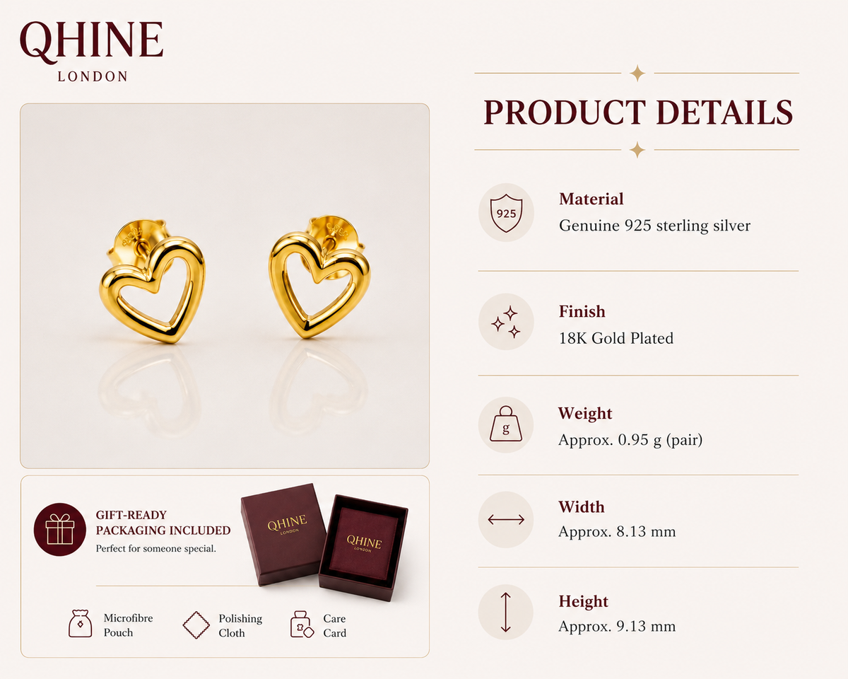 Heart Stud Earrings | 18K Gold Plated | Qhine London