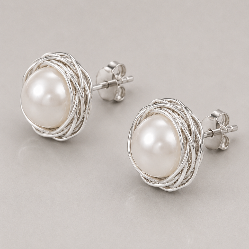 Wrapped Freshwater Pearl Stud Earrings | Sterling Silver Earrings