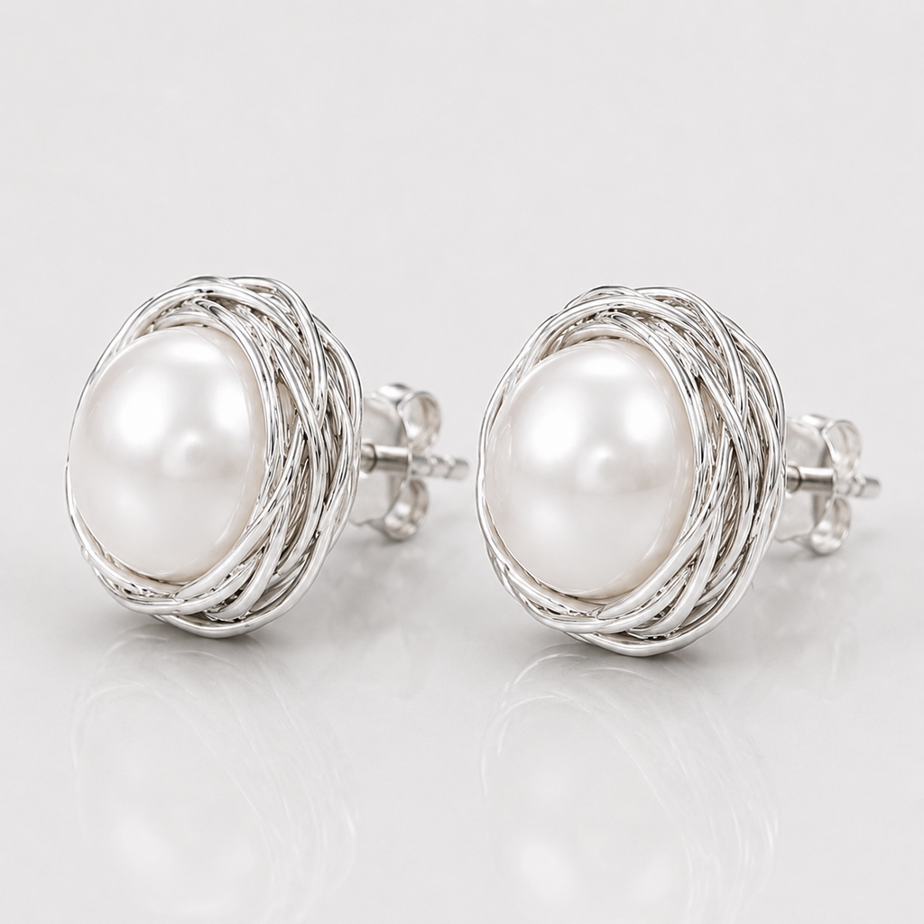Wrapped Freshwater Pearl Stud Earrings | Sterling Silver Earrings