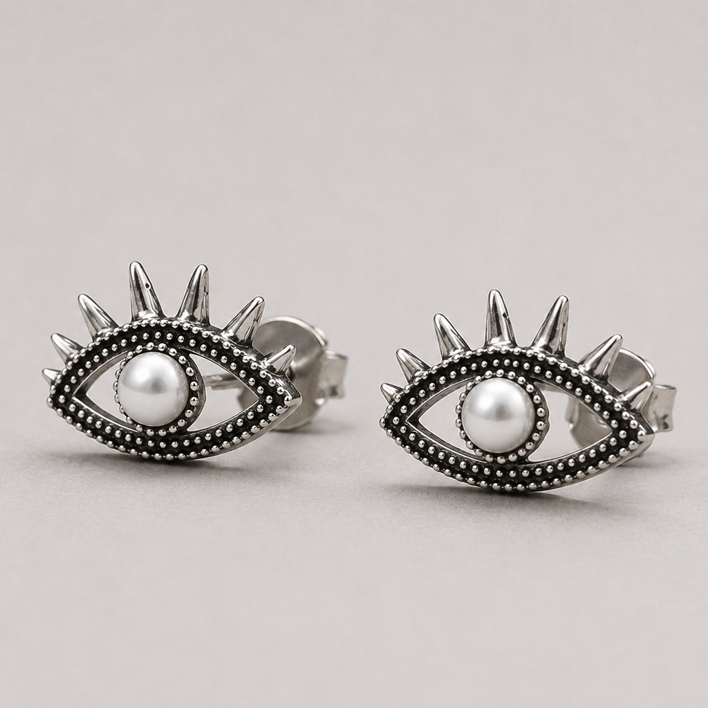 Evil Eye Stud Earrings | Sterling Silver Pearl Earrings