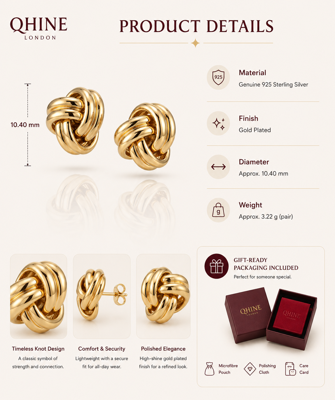 Gold Plated Sterling Silver Knot Stud Earrings | Modern Interwoven Design