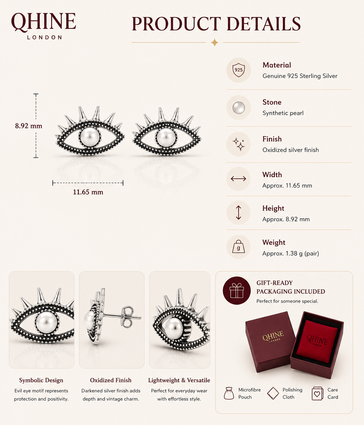 Evil Eye Stud Earrings | Sterling Silver Pearl Earrings