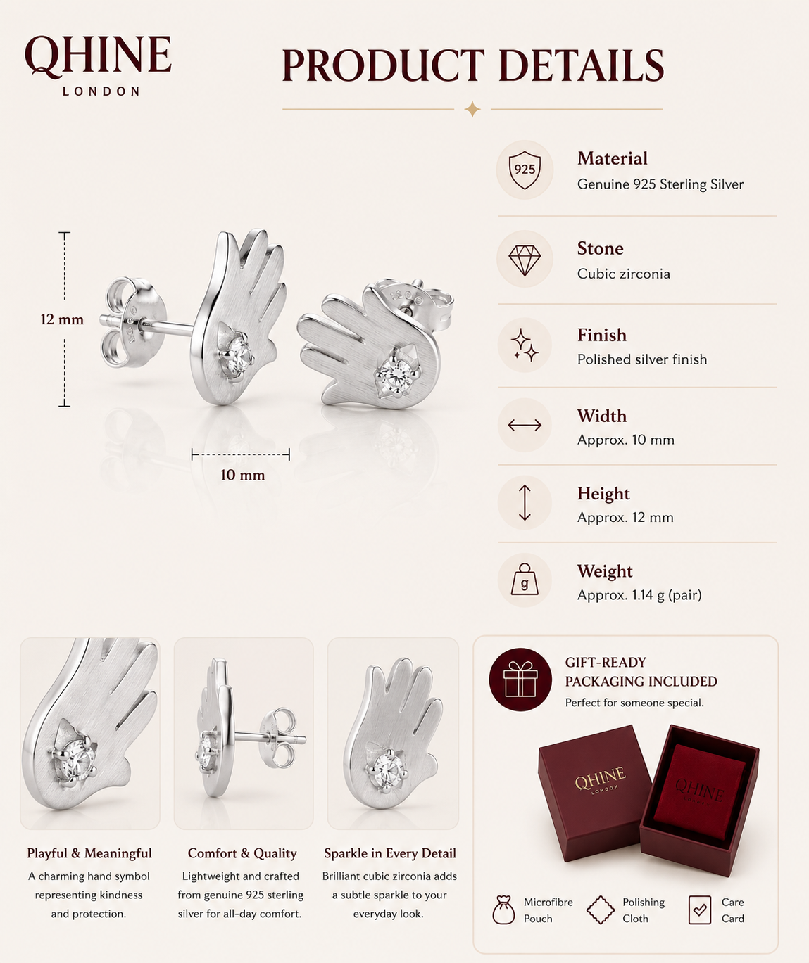 Hamsa Earrings | Sterling Silver CZ Stud Earrings