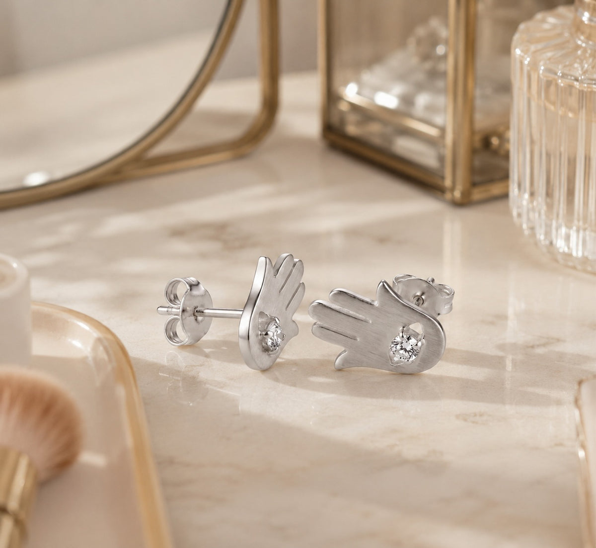 Hamsa Earrings | Sterling Silver CZ Stud Earrings