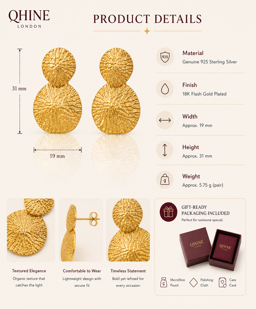 Textured Drop Earrings | 18K Gold Plated Statement Earrings