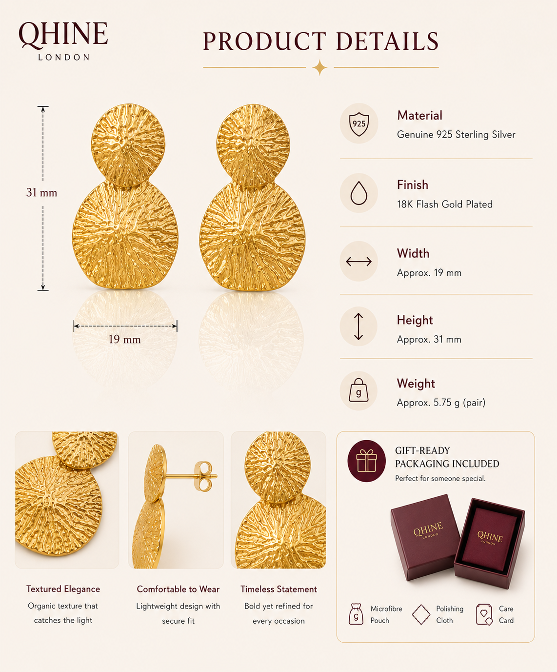Textured Drop Earrings | 18K Gold Plated Statement Earrings