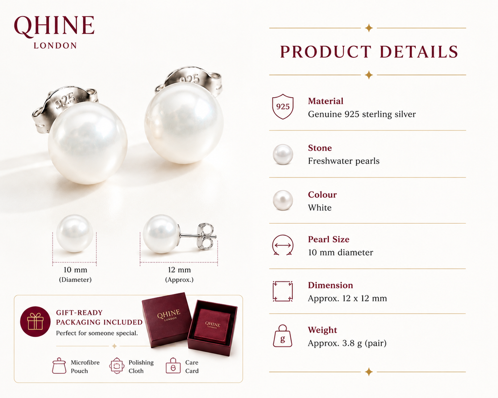 Freshwater Pearl Stud Earrings | 925 Sterling Silver, 10mm Round Pearls
