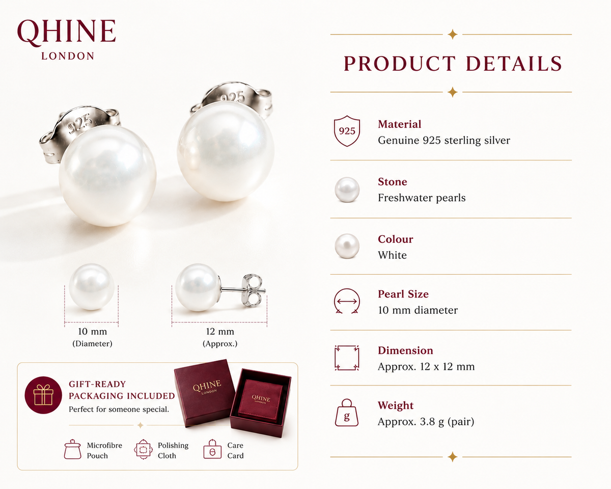 Freshwater Pearl Stud Earrings | 925 Sterling Silver, 10mm Round Pearls