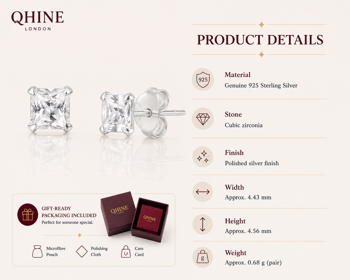 Square CZ Stud Earrings | 925 Sterling Silver Minimalist Earrings