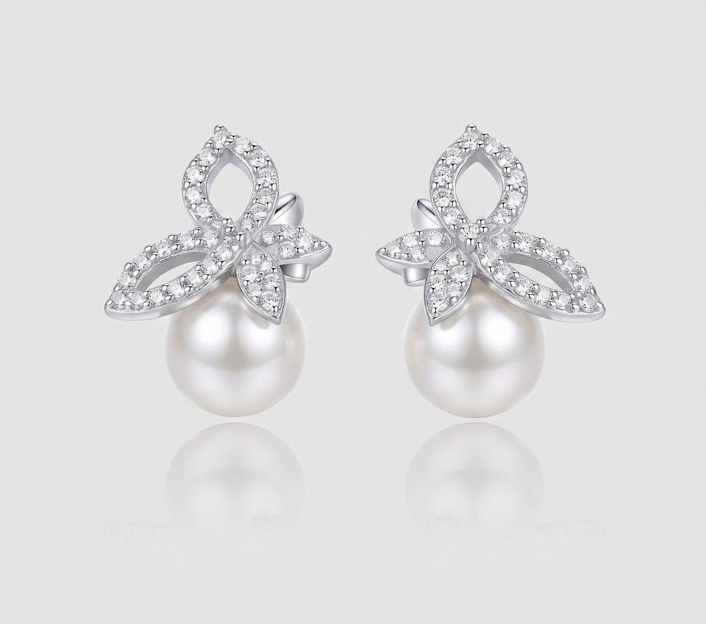 Pearl Flower Stud Earrings | 925 Sterling Silver CZ Earrings